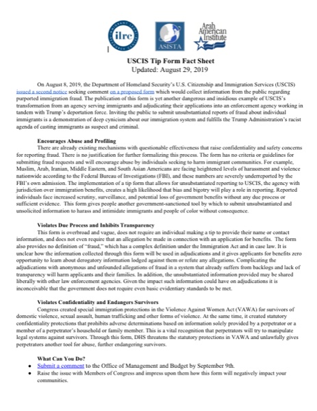 First page of the USCIS Tip Form Fact Sheet, a joint publication of ILRC, ASISTA, and the Arab American Institute, dated August 29, 2019